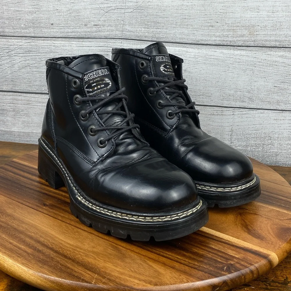 VTG Y2K Skechers Black Leather Chunky Lace Up Boot Men’s Shoe Size 11